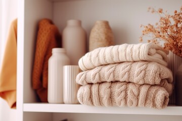 Several white wool sweaters, neatly folded on a bright shelf in the bathroom.