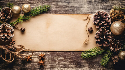 Christmas greeting card mockup. A blank sheet of paper lying on a wooden table, decorated with fir branches and cones