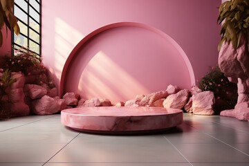 Fototapeta na wymiar 3D rendering of pink luxury abstract background. Podium for show product with pink stones. minimal and modern design with a combination of geometric shapes, creating a perfect platform