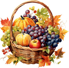 Naklejka na ściany i meble Watercolor Autumn Harvest Basket Clipart, Fall Vegetable PNG, Harvest Feast Clipart, Seasonal Clipart, Harvest basket, Fall fruit basket, Generative AI