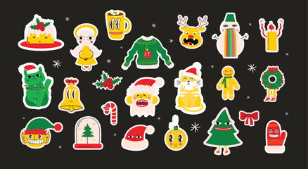 Cute cartoon character and christmas elements for cards, seamless pattern, stickers. Merry Christmas and Happy New Year 2024. Vector trendy abstract illustrations for holiday wallpaper, fabric