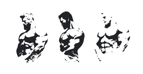 Bold muscular silhouettes - monochromatic character design. Strong bodybuilder icons for gym-goers and fitness enthusiasts. Vector illustrations for fitness logo design, isolated graphic elements.