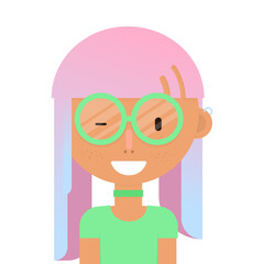 Smile arabic girl with colorfull hair avatar, pirsing, headphones. Flat style on white background