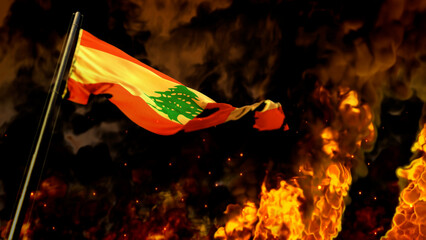 flag of Lebanon on burning fire backdrop - hard times concept - abstract 3D illustration