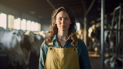 Agriculture industry, dairy farming. Dairy farmer female working and holding milk tank in cowshed on dairy farm