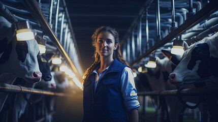 Agriculture industry, dairy farming. Dairy farmer female working and holding milk tank in cowshed on dairy farm