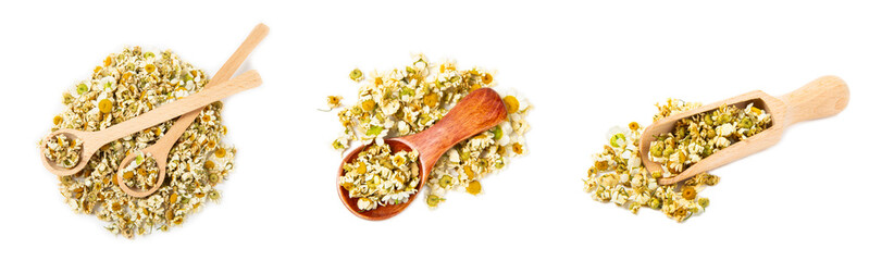 Dry chamomile flowers in a wooden spoon isolated on white background. Soothing chamomile tea. Herbal drink. Medical prevention and immune concept. Folk medicine, alternative, traditional medicine.