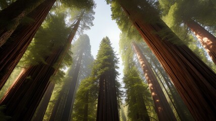 View of the magnificence Redwood Forest looking up from ground level