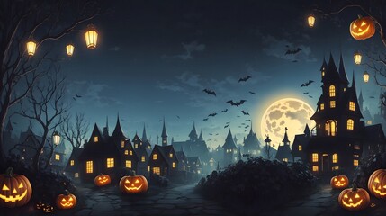 Halloween Spooky Background with Selective Focus and Copy Space Halloween Background with Scary Pumpkins Candles in The Graveyard at Night with A Castle Background AI Generative