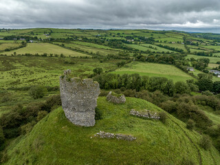 Aerial view ruins of Shanid castle in County Limerick important Anglo-Norman stronghold,  shattered...