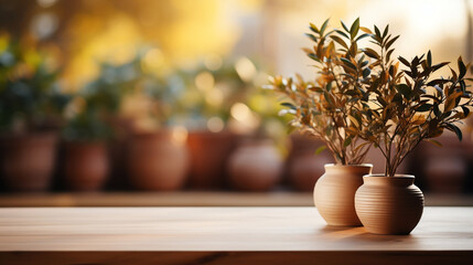 Wooden table top with plants on a natural light blurred background