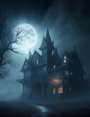 Fototapeta na wymiar Eerie haunted house art with mist and moonligh