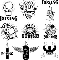 Set of the boxing club labels, emblems and design elements. Boxing gloves.  Lucky punch. Set of design elements in vector.