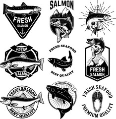 Set of the fresh salmon labels, emblems and design elements.Fresh salmon icons. Salmon fishing.  Vector design elements.