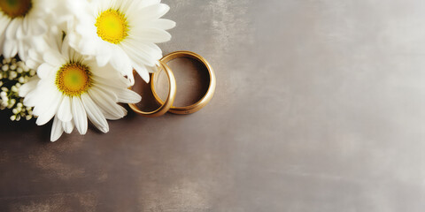 Wedding ring with daisy flowers, minimal banner template, top view, copy space. 