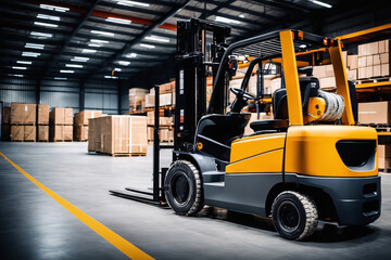 Forklift in warehouse. Industrial background.