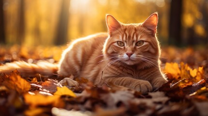 Red cat lies on autumn leaves - Powered by Adobe