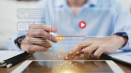 Concept of Self learning online class, e-learning by webinar, technology laptop or tablet. Cyberspace education course, online study, research, knowledge and tutorial using video media. Virtual effect