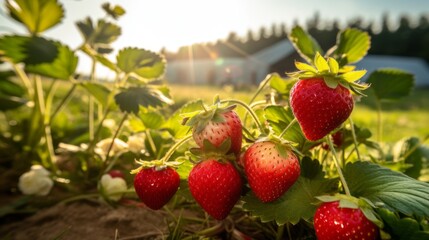 Ripe strawberries in the garden under the sun's rays. Organic farming