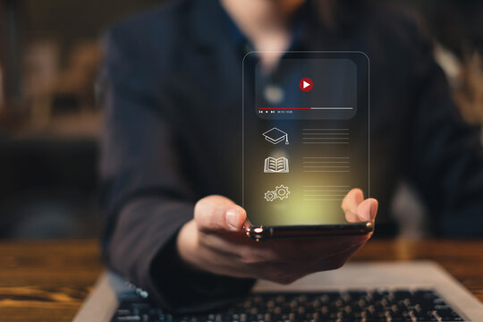 Concept of Self learning online class, e-learning by webinar, technology smart phone. Cyberspace education course, online study, research, knowledge and tutorial using video media. Virtual effect