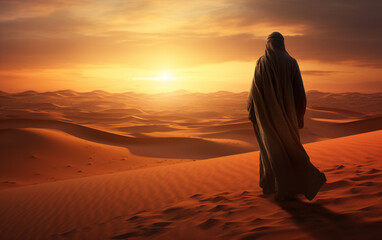 Fototapeta na wymiar Arab man stands alone in the desert and watching the sunset