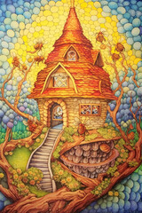 Fototapeta premium Fairy house, fairytale house, Fairy home, Elf House, Elf Home, small house, dream house, fantasy house, fantasy home, Generative AI, drawing, illustration, sketch, magical, Enchanted, Whimsical, Tiny,