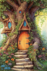 Fairy house, fairytale house, Fairy home, Elf House, Elf Home, small house, dream house, fantasy house, fantasy home, Generative AI, drawing, illustration, sketch, magical, Enchanted, Whimsical, Tiny,