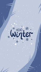 Naklejka premium hello winter background wallpaper stories reels snow blue your text place for text template simple web texture social media design pattern print target smm lettering fonts brush art spot christmas