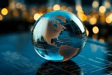 A close up of a glass globe with a focus on financial report