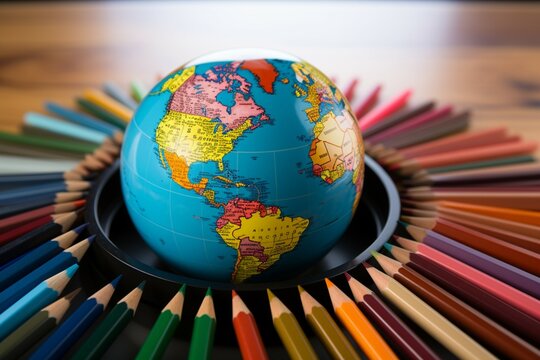 A world of colors represented by a globe surrounded by assorted pencils