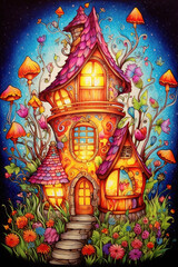 Obraz na płótnie Canvas Fairy house, fairytale house, Fairy home, Elf House, Elf Home, small house, dream house, fantasy house, fantasy home, Generative AI, drawing, illustration, sketch, magical, Enchanted, Whimsical, Tiny,