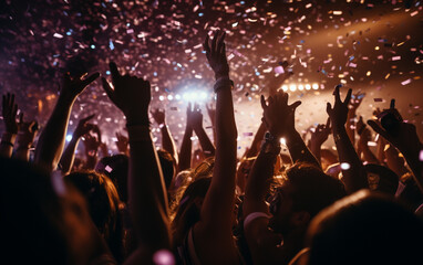 Fototapeta premium Close up photo of many party people dancing purple lights confetti flying everywhere nightclub event hands raised up wear shiny 