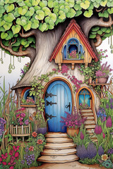 Fototapeta na wymiar Fairy house, fairytale house, Fairy home, Elf House, Elf Home, small house, dream house, fantasy house, fantasy home, Generative AI, drawing, illustration, sketch, magical, Enchanted, Whimsical, Tiny,