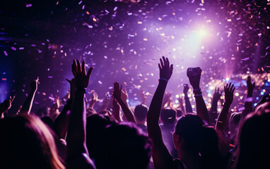 Close up photo of many party people dancing purple lights confetti flying everywhere nightclub event hands raised up wear shiny 