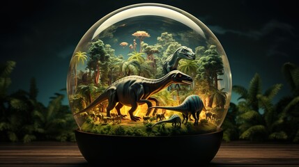 Prehistoric Mini World: Dinosaurs & Volcanoes in Glass Bubble, generative Ai
