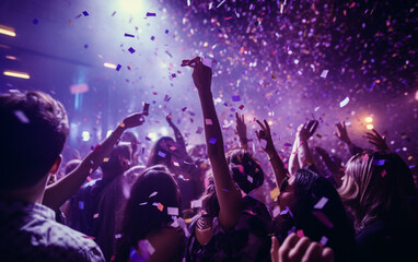 Close up photo of many party people dancing purple lights confetti flying everywhere nightclub...