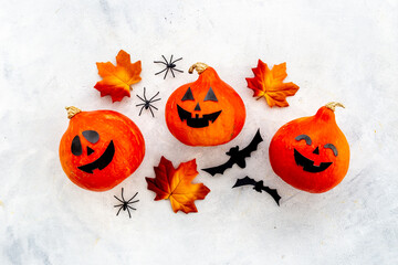 Festive Halloween pumpkin ghosts heads. Halloween greeting card