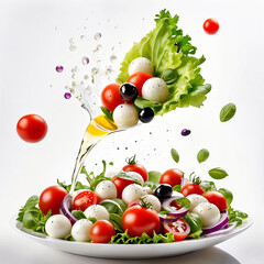 A white plate with salad and floating in the air ingredients: olives, lettuce, onion, tomato, mozzarella cheese, parsley, basil and olive oil. Vegetarian menu. Generative Ai.