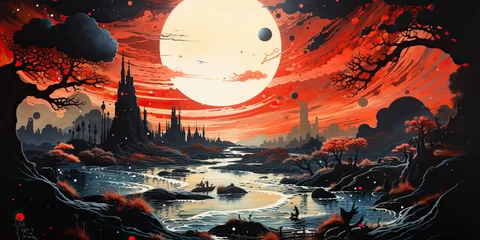 AI Generated. AI Generative. Nature outdoor psychedelic landscape with forest mountins and lake. Unreal future planet adventure vacation. Game or movie concept inspiration © Graphic Warrior