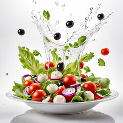 A white plate with salad and floating in the air ingredients: olives, lettuce, onion, tomato, mozzarella cheese, parsley, basil and olive oil. Vegetarian menu. Generative Ai.