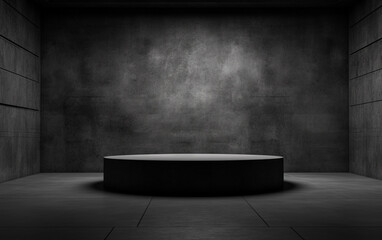 Dark grey concrete exhibition room interior with podium and empty mockup place. Mock up, 3D Rendering