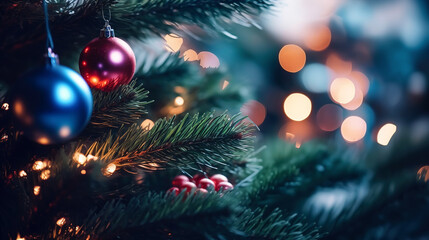Christmas tree branch decorated with balls on beautiful bokeh background