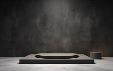 Dark grey concrete exhibition room interior with podium and empty mockup place. Mock up, 3D Rendering