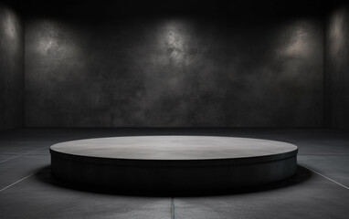 Dark grey concrete exhibition room interior with podium and empty mockup place. Mock up, 3D Rendering
