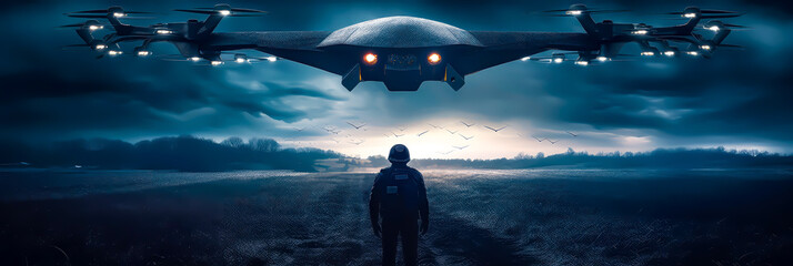 the stealth drone of the future in action, flying over a field in a battle - obrazy, fototapety, plakaty
