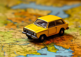a small scale toy car on a map, trip concept, vacation