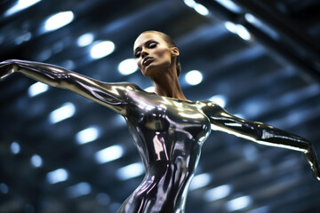 dancer in a metallic-silver leotard strikes a dramatic pose