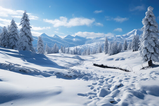 Freshly fallen snow blankets a landscape, creating a pristine white canvas that highlights the untouched textures of nature. Generative Ai.