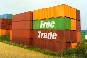 On colored containers for the carriage of goods, the inscription - Free Trade