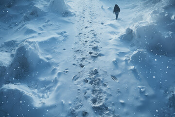 A person's footprints are imprinted in the freshly fallen snow, showcasing the varied textures left behind by human interaction with the winter landscape. Generative Ai.